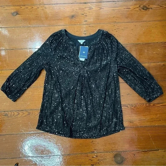 Black sequin peasant top - Picture 2 of 4